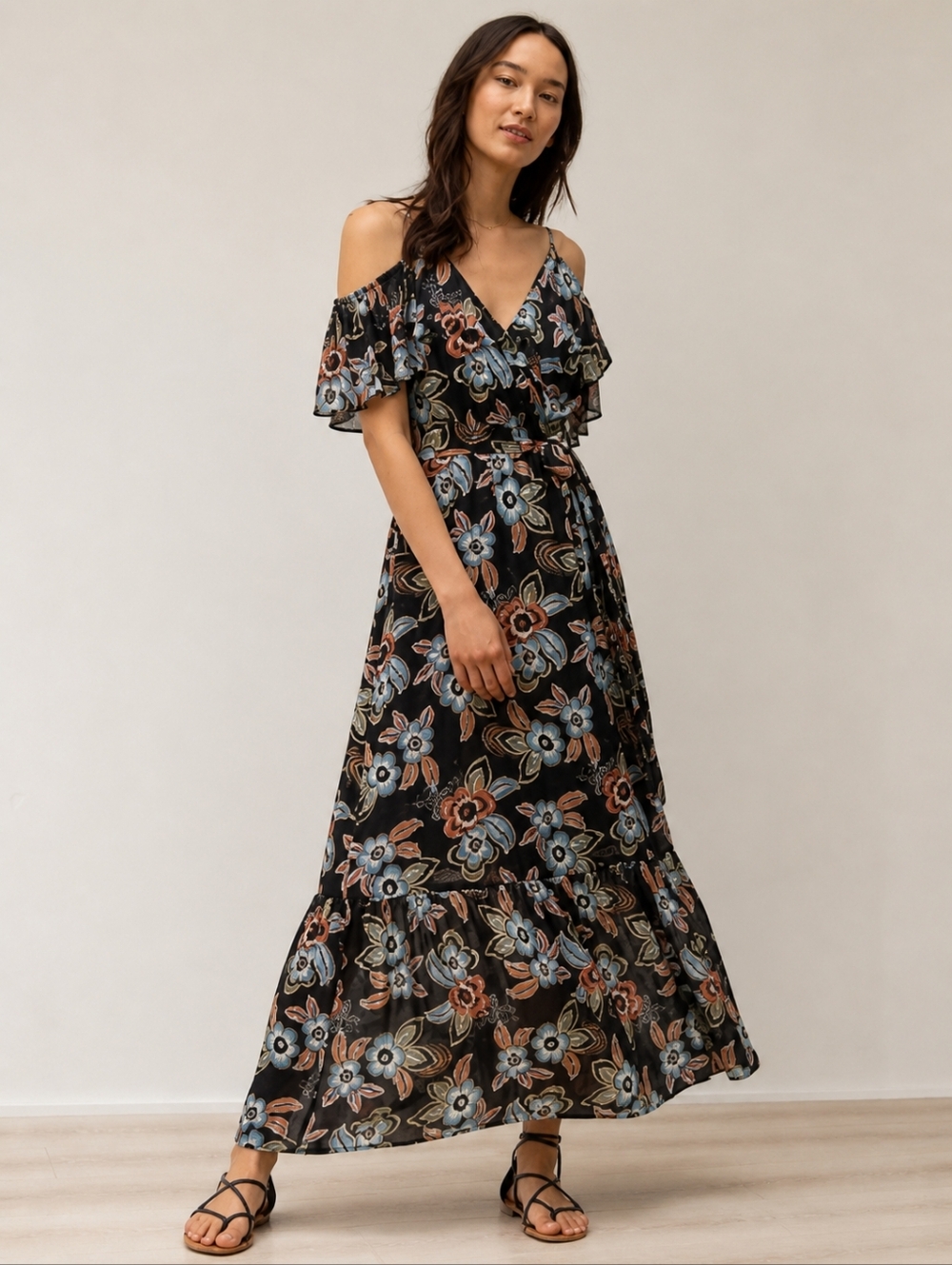 ANN TAYLOR LOFT SIZE S FLORAL DRESS OPEN SHOULDER MAXI LONG SUMMER‎ FALL GUC